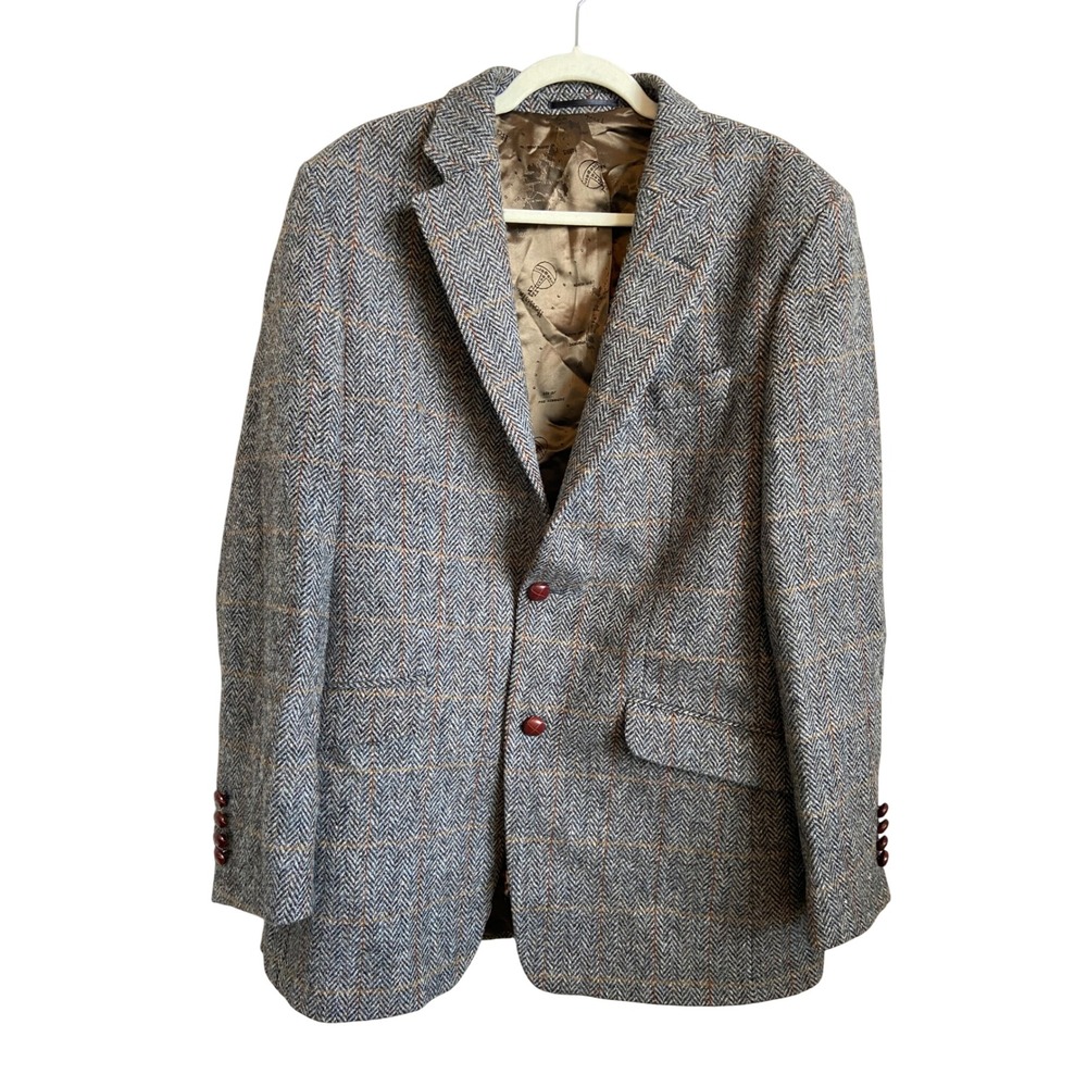 Peter James Harris Tweed Grey Herringbone Gold Check Wool Blazer Jacket 42L